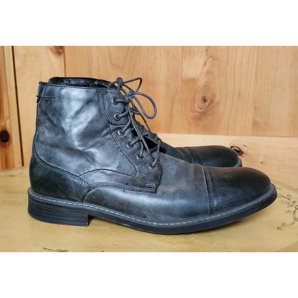 Rockport‎ US 11 Gray 100% Leather Lace Up High Top Combat Boots Moto Grunge Punk